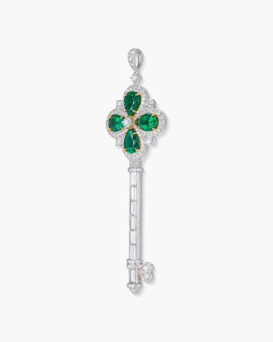 Pear Shape Emerald and Diamond Key Pendant Necklace, 6.81 carats