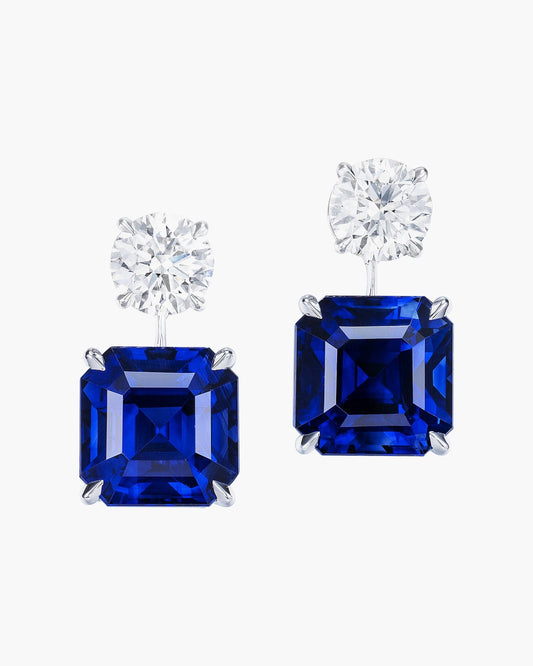 12.37 carat Emerald Cut Ceylon Sapphire and Diamond Earrings