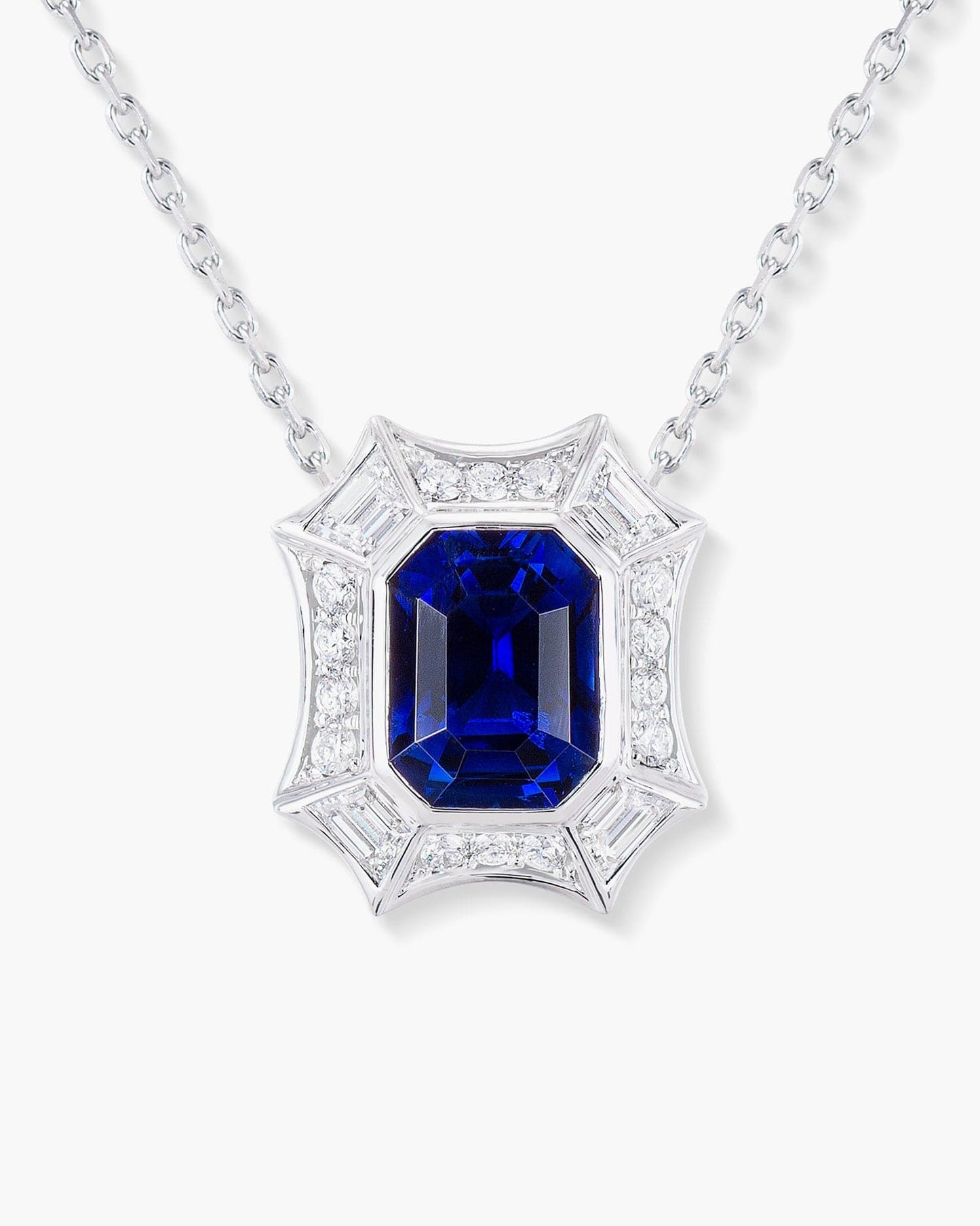 3.01 carat Emerald Cut Ceylon Sapphire and Diamond Pendant Necklace