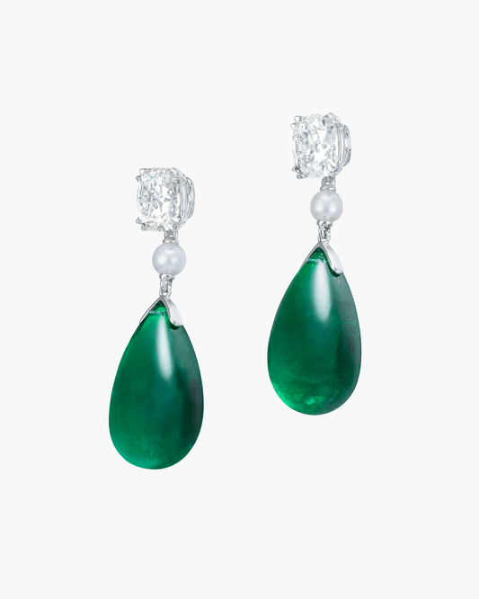 28.43 carat Colombian Emerald, Pearl and Diamond Earrings