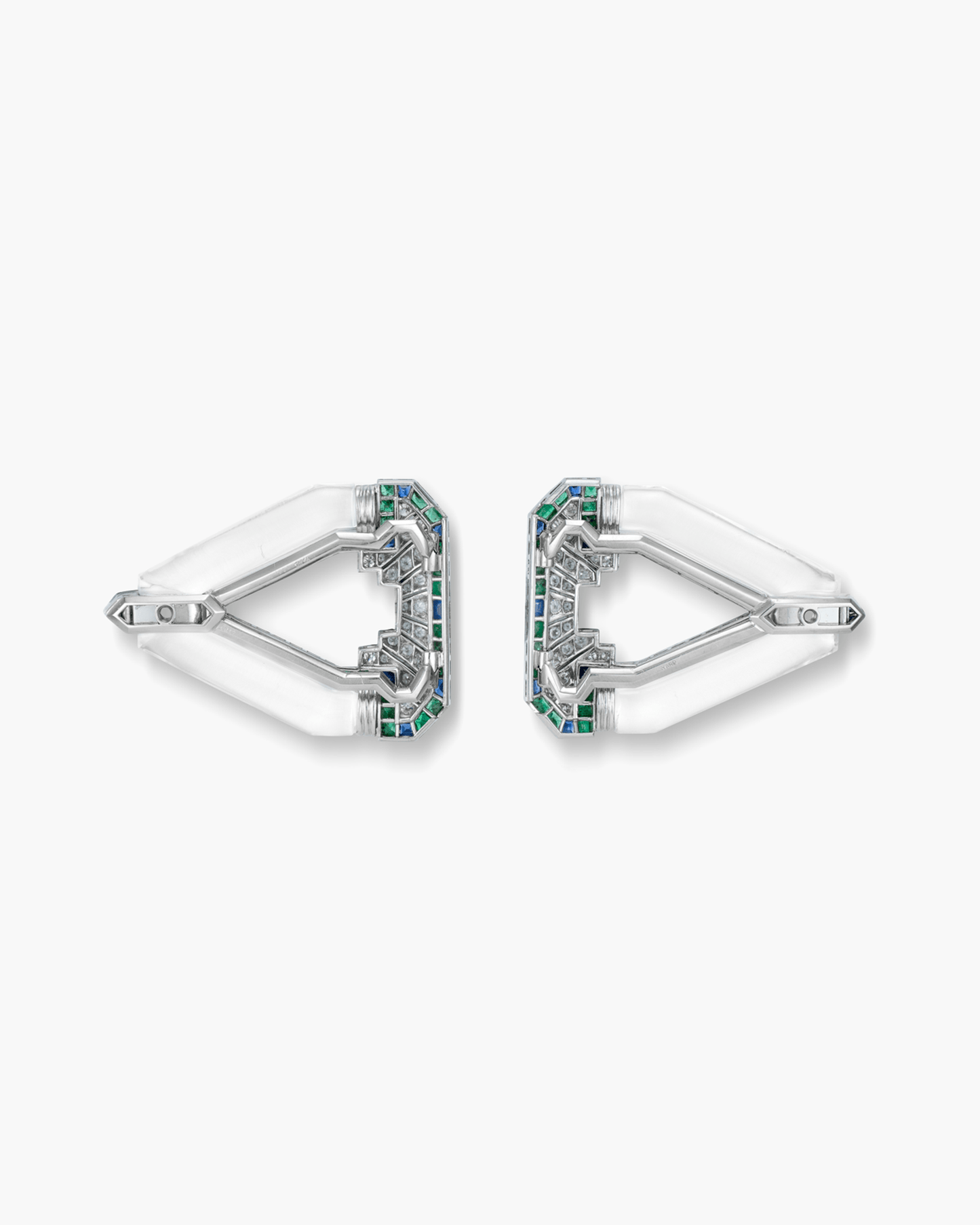 Art Deco Rock Crystal, Diamond, Sapphire and Emerald Double Clip Brooch by Raymond Yard