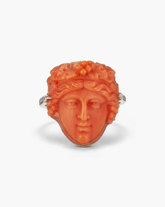 Estate Corallium Rubrum and Diamond Bacchus Ring