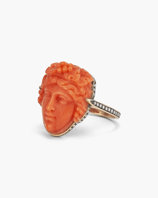 Estate Corallium Rubrum and Diamond Bacchus Ring
