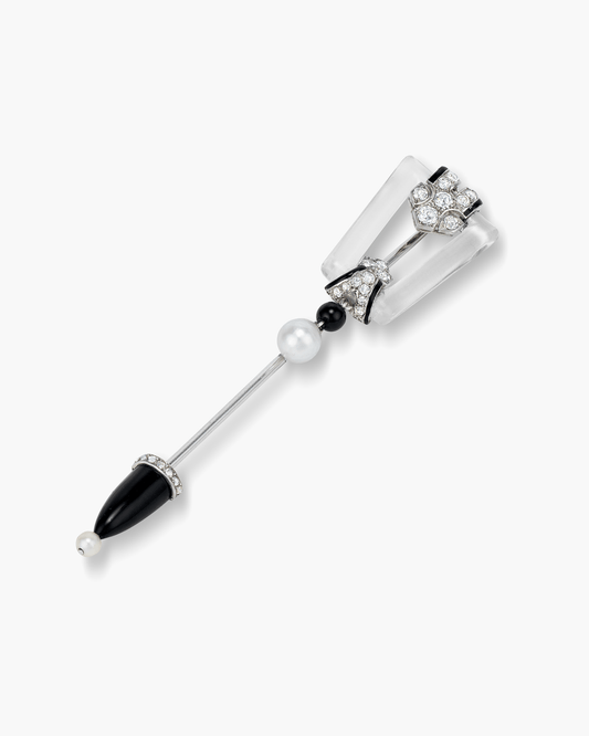 Art Deco Rock Crystal, Enamel, Onyx, Diamond & Pearl Jabot by Cartier