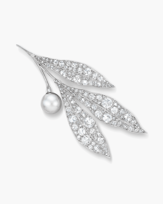 Edwardian Natural Pearl and Diamond Leaf Brooch