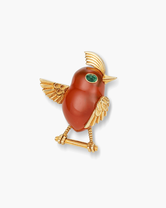 Mid-Century Carnelian and Emerald Bird Brooch by Cartier