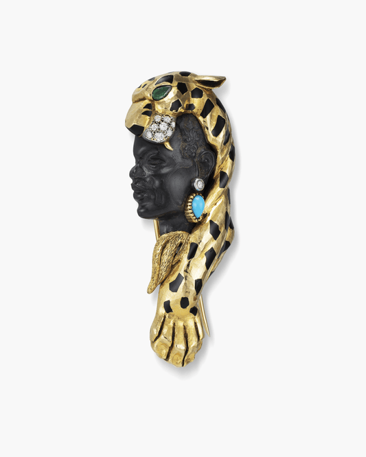 Estate Tortoise Shell, Enamel, Diamond and Emerald Blackamoor Brooch by Cartier