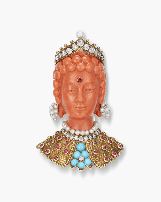 Estate Carved Coral and Diamond Bodhisattva Head Brooch by Cartier