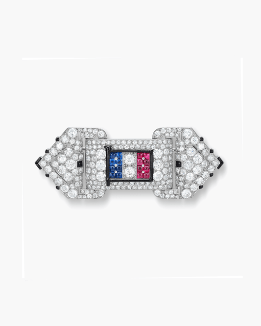 Art Deco Diamond, Sapphire, Ruby, Enamel and Onyx Brooch by Cartier
