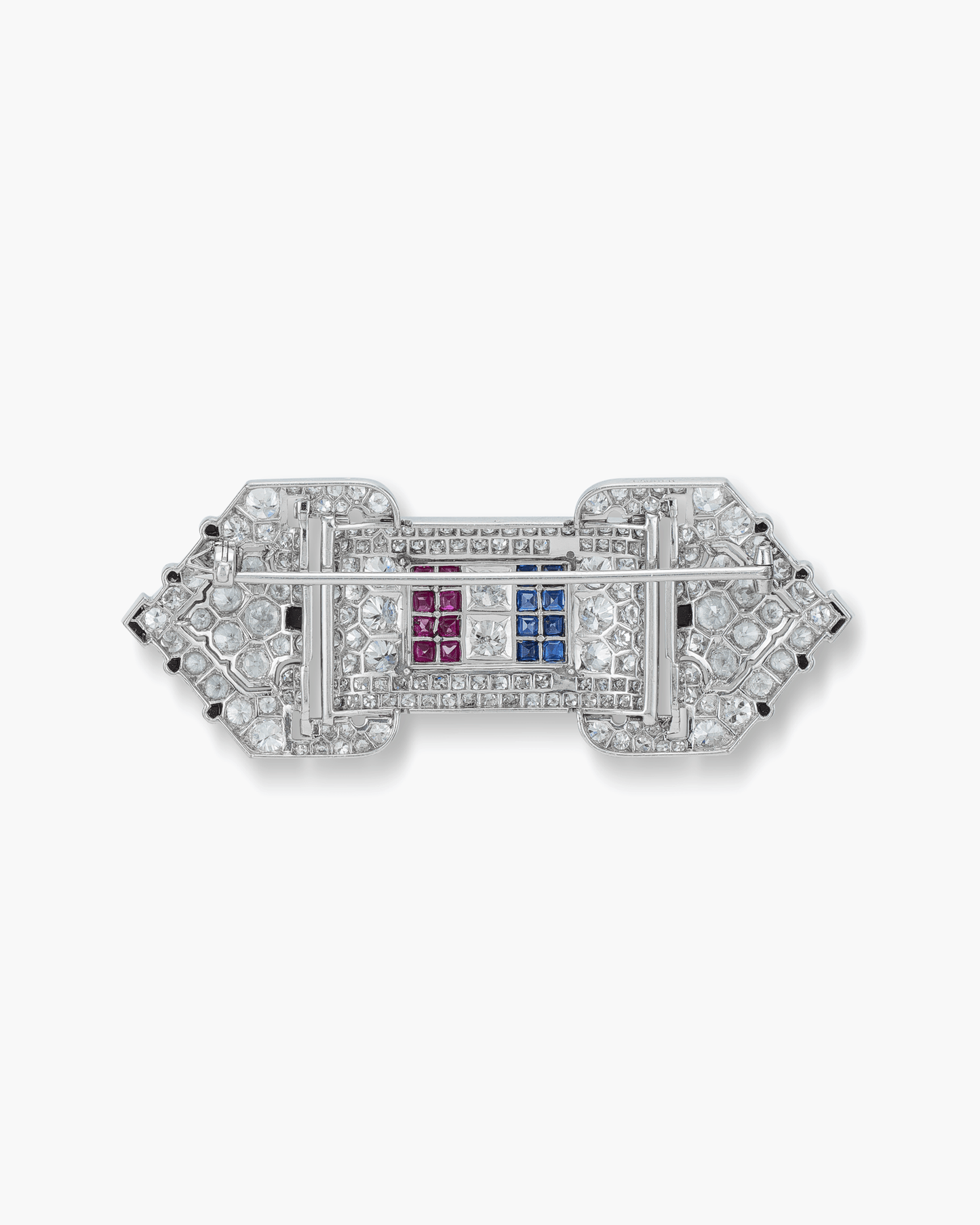 Art Deco Diamond, Sapphire, Ruby, Enamel and Onyx Brooch by Cartier