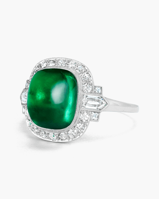Art Deco Sugarloaf Colmbian Emerald and Diamond Ring