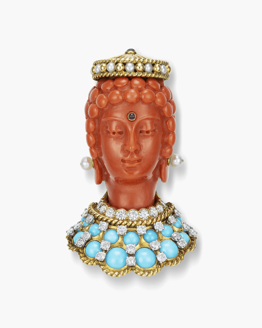 Estate Carved Coral, Turquoise and Diamond Bodhisattva Head Brooch by Cartier