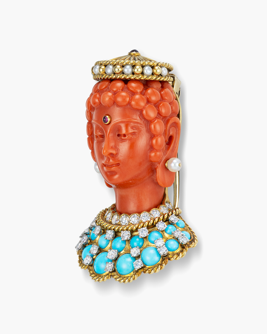 Estate Carved Coral, Turquoise and Diamond Bodhisattva Head Brooch by Cartier