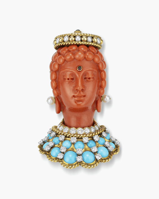 Estate Carved Coral, Turquoise and Diamond Bodhisattva Head Brooch by Cartier