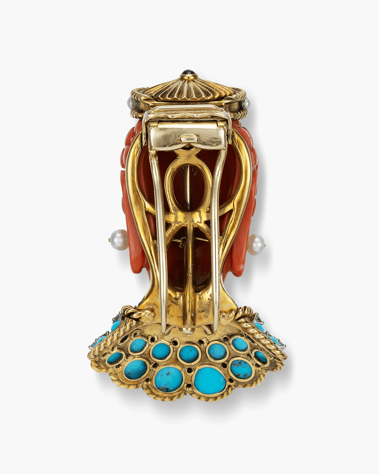 Estate Carved Coral, Turquoise and Diamond Bodhisattva Head Brooch by Cartier