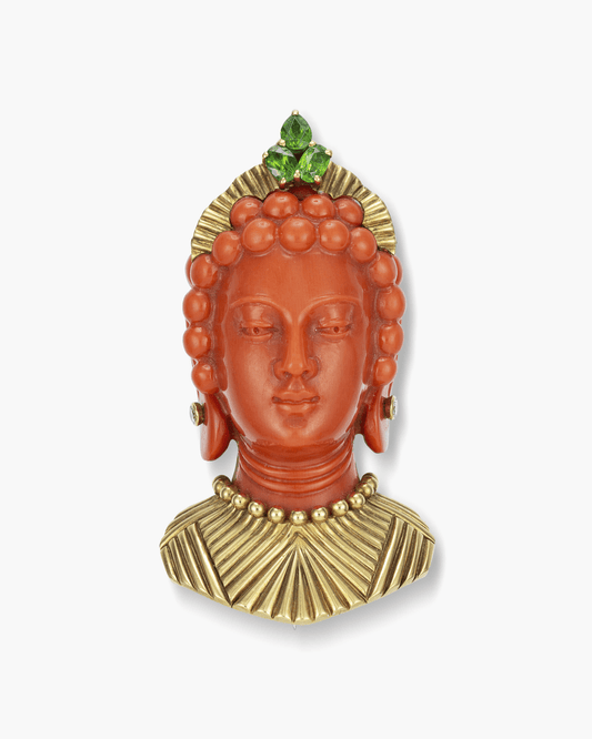 Estate Carved Coral, Diamond and Peridot Bodhisattva Head Clip Brooch by Cartier