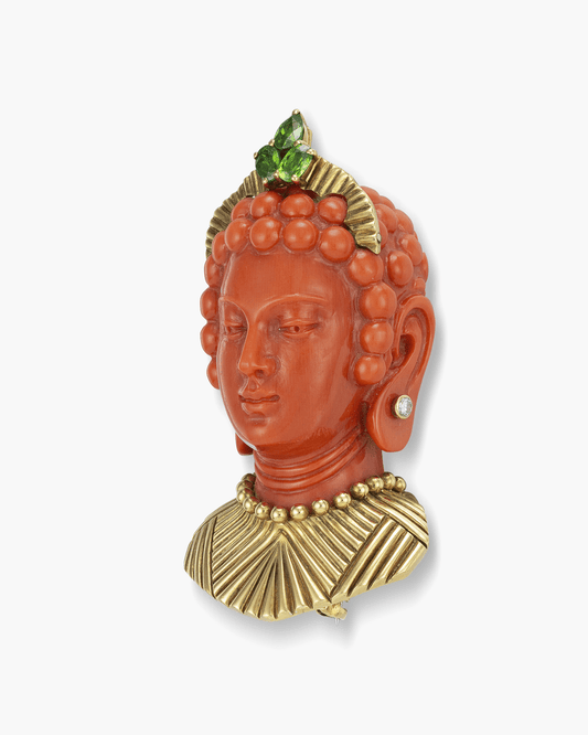 Estate Carved Coral, Diamond and Peridot Bodhisattva Head Clip Brooch by Cartier