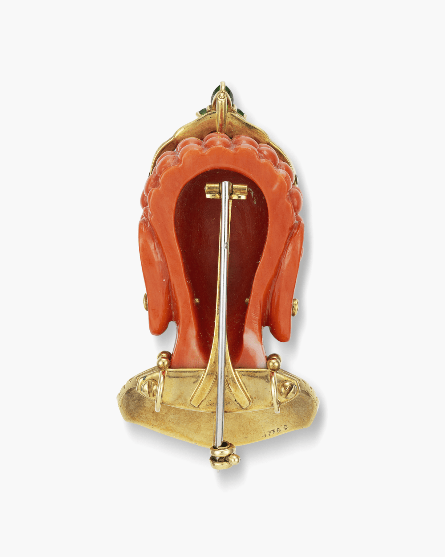 Estate Carved Coral, Diamond and Peridot Bodhisattva Head Clip Brooch by Cartier