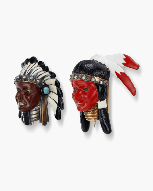 Art Deco Diamond and Lacquer Sioux and Squaw Brooches by Cartier