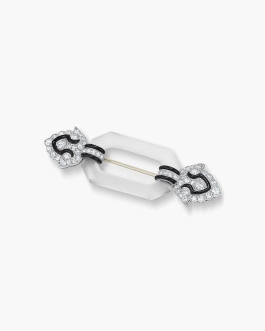 Art Deco Diamond, Rock Crystal and Black Enamel Brooch by Mauboussin
