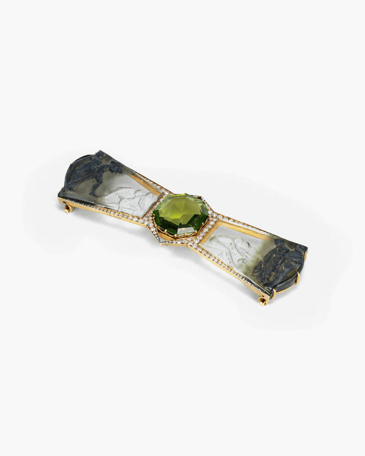 Art Nouveau Peridot, Glass, Diamond and Enamel 'Le Vol de la Pierre' Brooch by René Lalique
