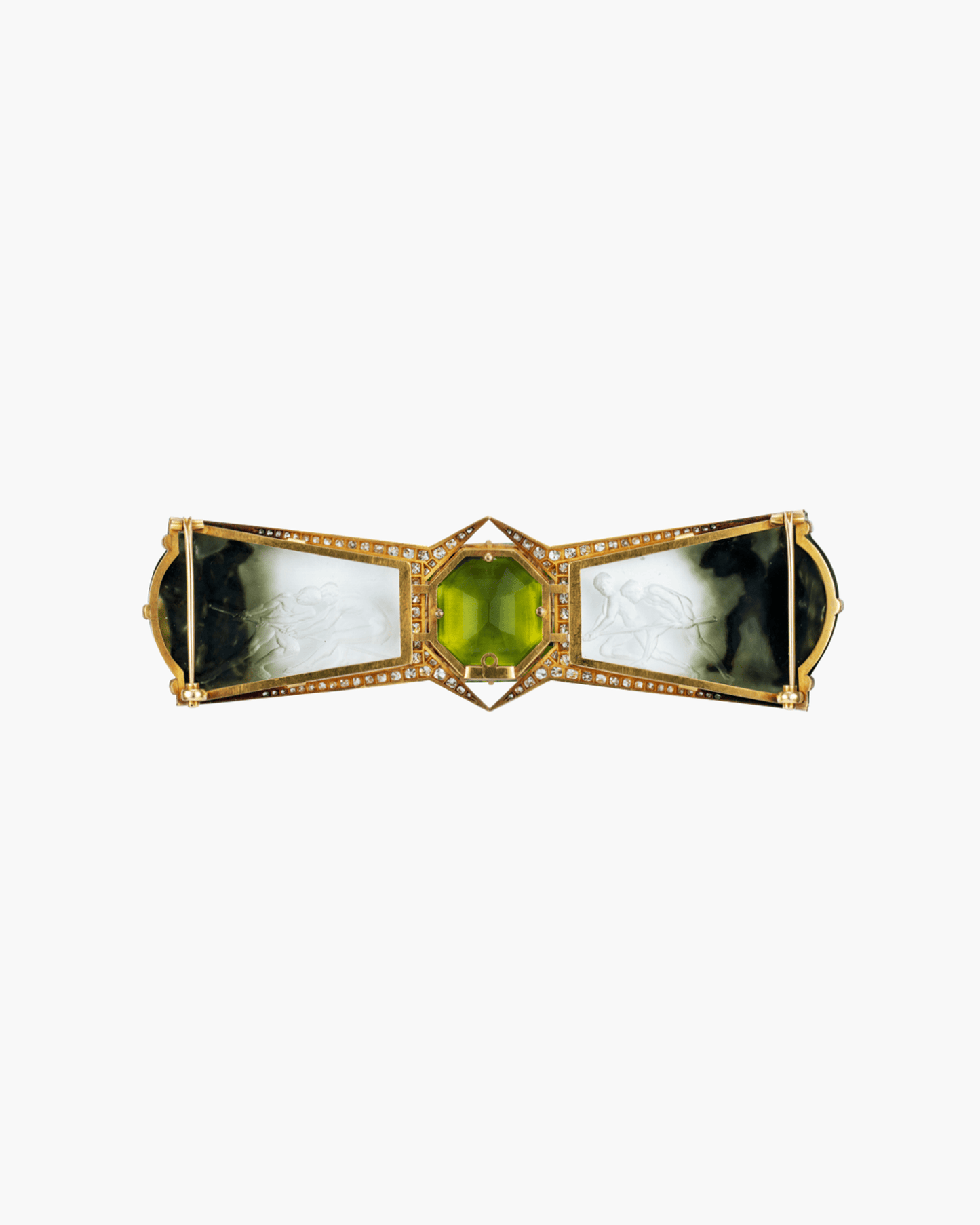 Art Nouveau Peridot, Glass, Diamond and Enamel 'Le Vol de la Pierre' Brooch by René Lalique