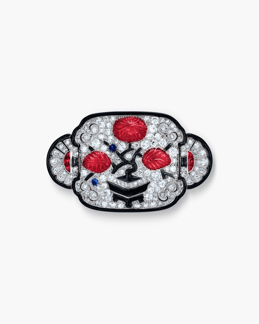 Art Deco Carved Ruby and Diamond Enamel Brooch