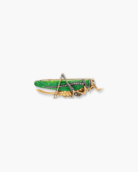 Victorian Diamond Enamel and Seed Pearl Grasshopper Brooch