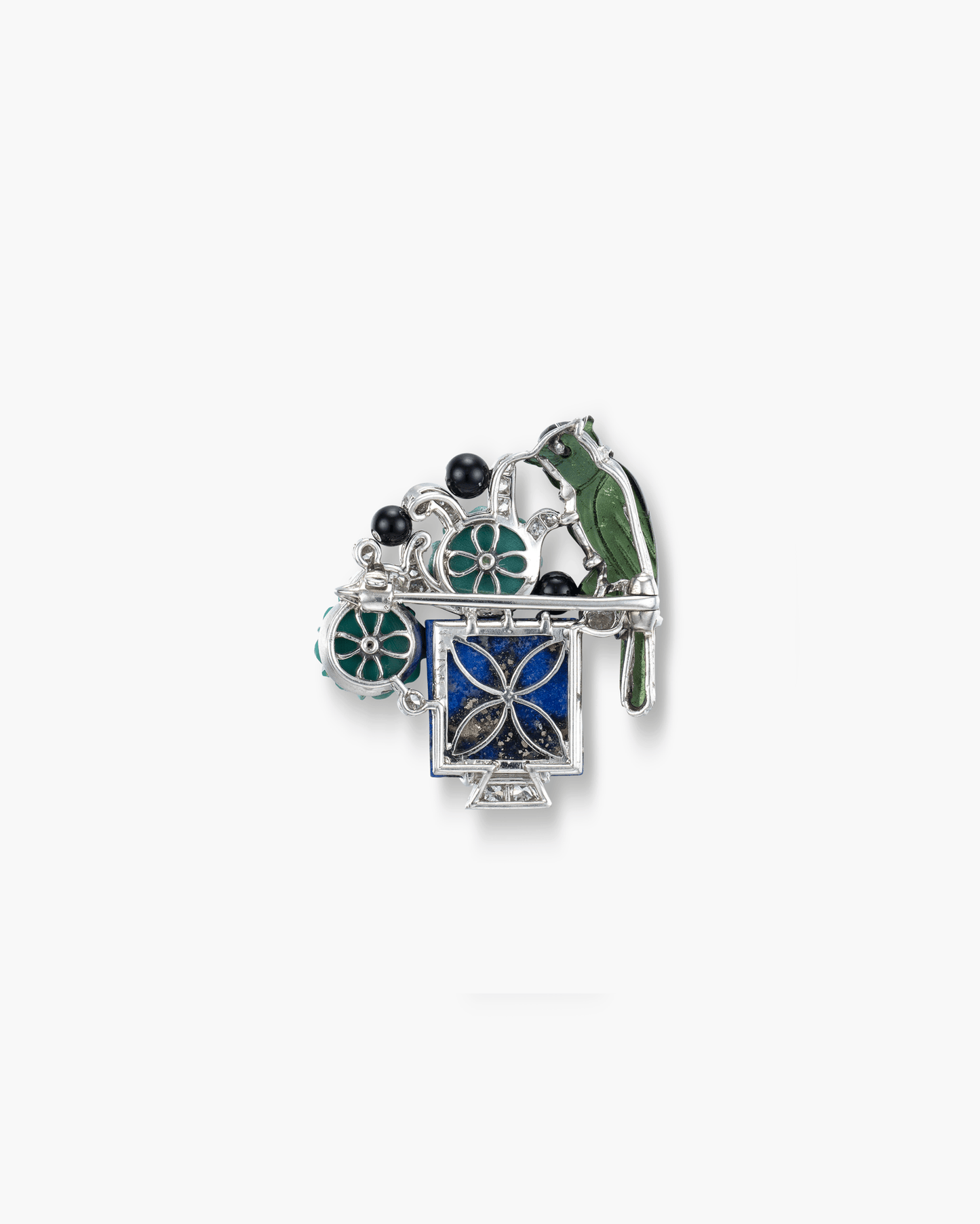 Art Deco Diamond, Lapis Lazuli, Onyx, Turquoise and Tourmaline Bird on Flowerpot Brooch by Cartier