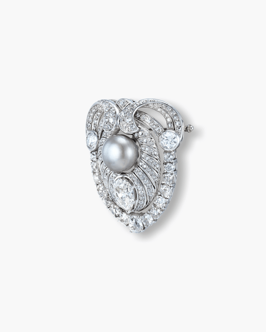 Edwardian Natural Pearl and Diamond Scroll Design Brooch by Koch