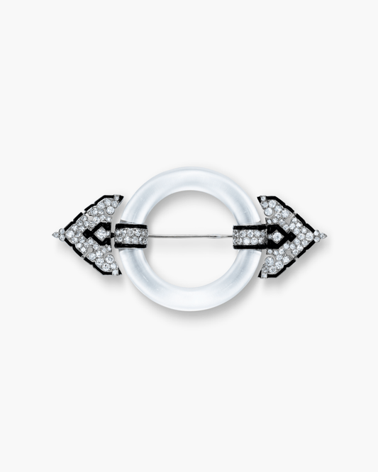 Art Deco Diamond, Rock Crystal and Onyx Buckle Brooch by Cartier