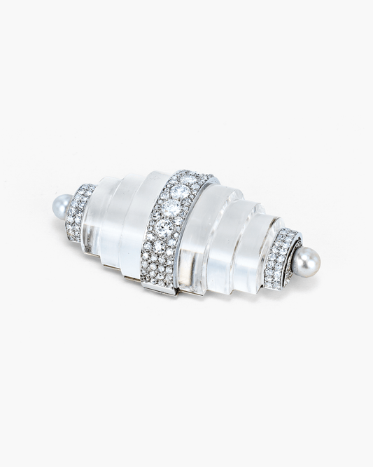 Art Deco Rock Crystal, Pearl and Diamond Tapered Cylindrical Design Brooch by René Boivin