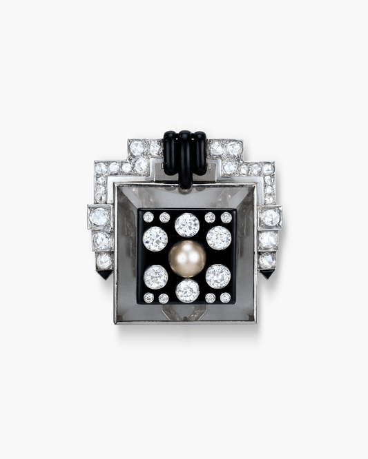 Art Deco Rock Crystal, Pearl, Onyx, Lacquer and Diamond Pyramid Geometric Design Clip by Suzanne Belperron