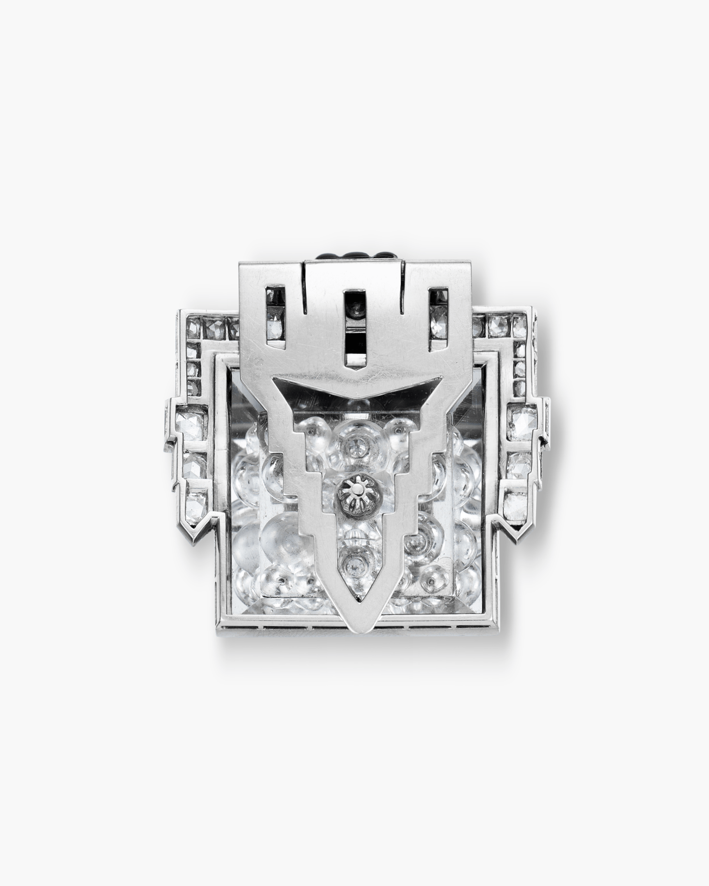 Art Deco Rock Crystal, Pearl, Onyx, Lacquer and Diamond Pyramid Geometric Design Clip by Suzanne Belperron