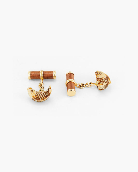 Carved Mammoth Ivory and Walnut Wood Koi Fish Cufflinks