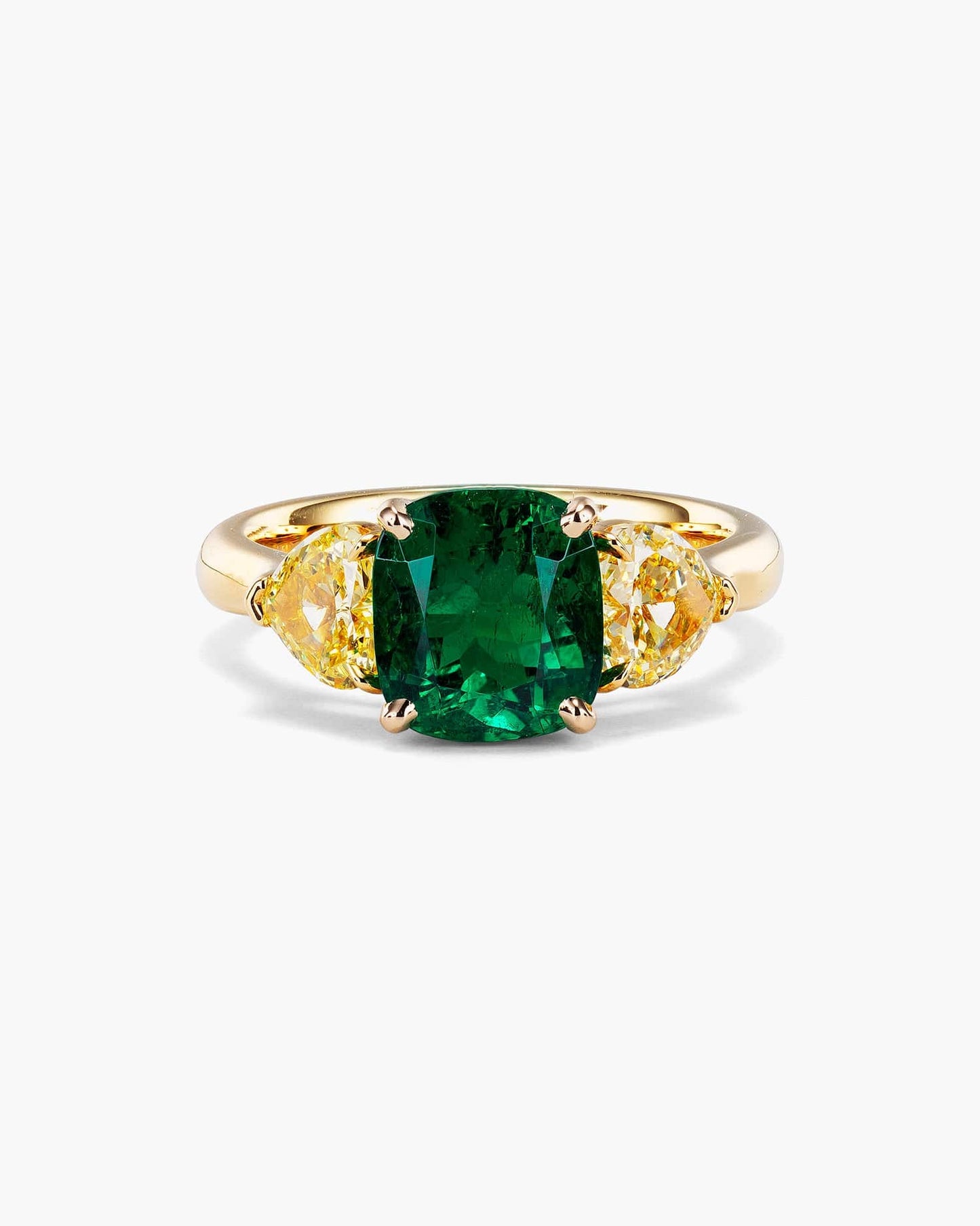 2.32 carat Cushion Cut Colombian Emerald and Yellow Diamond Ring