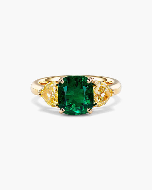 2.32 carat Cushion Cut Colombian Emerald and Yellow Diamond Ring