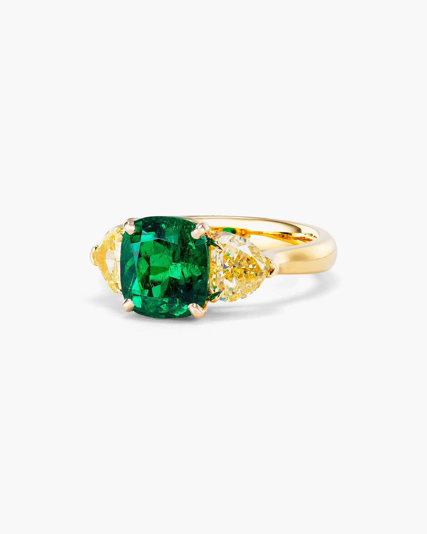 2.32 carat Cushion Cut Colombian Emerald and Yellow Diamond Ring