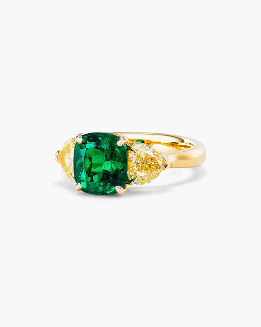 2.32 carat Cushion Cut Colombian Emerald and Yellow Diamond Ring
