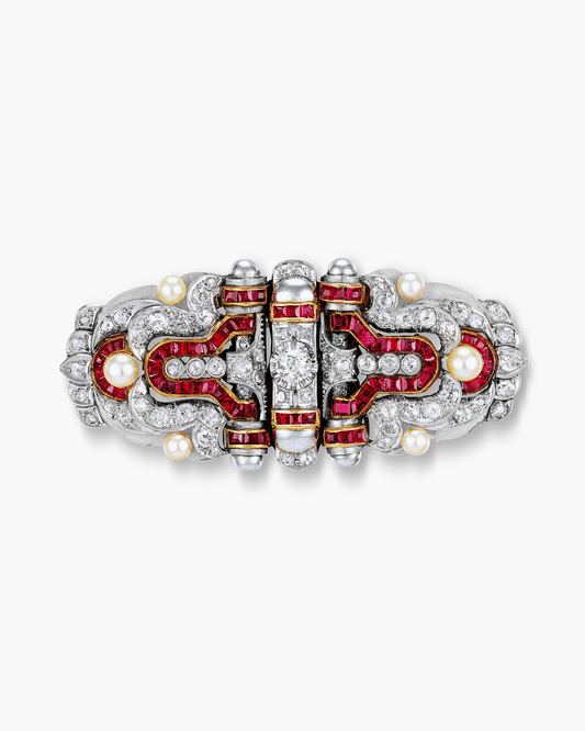 Art Deco Diamond, Pearl and Ruby Double Clip Brooch