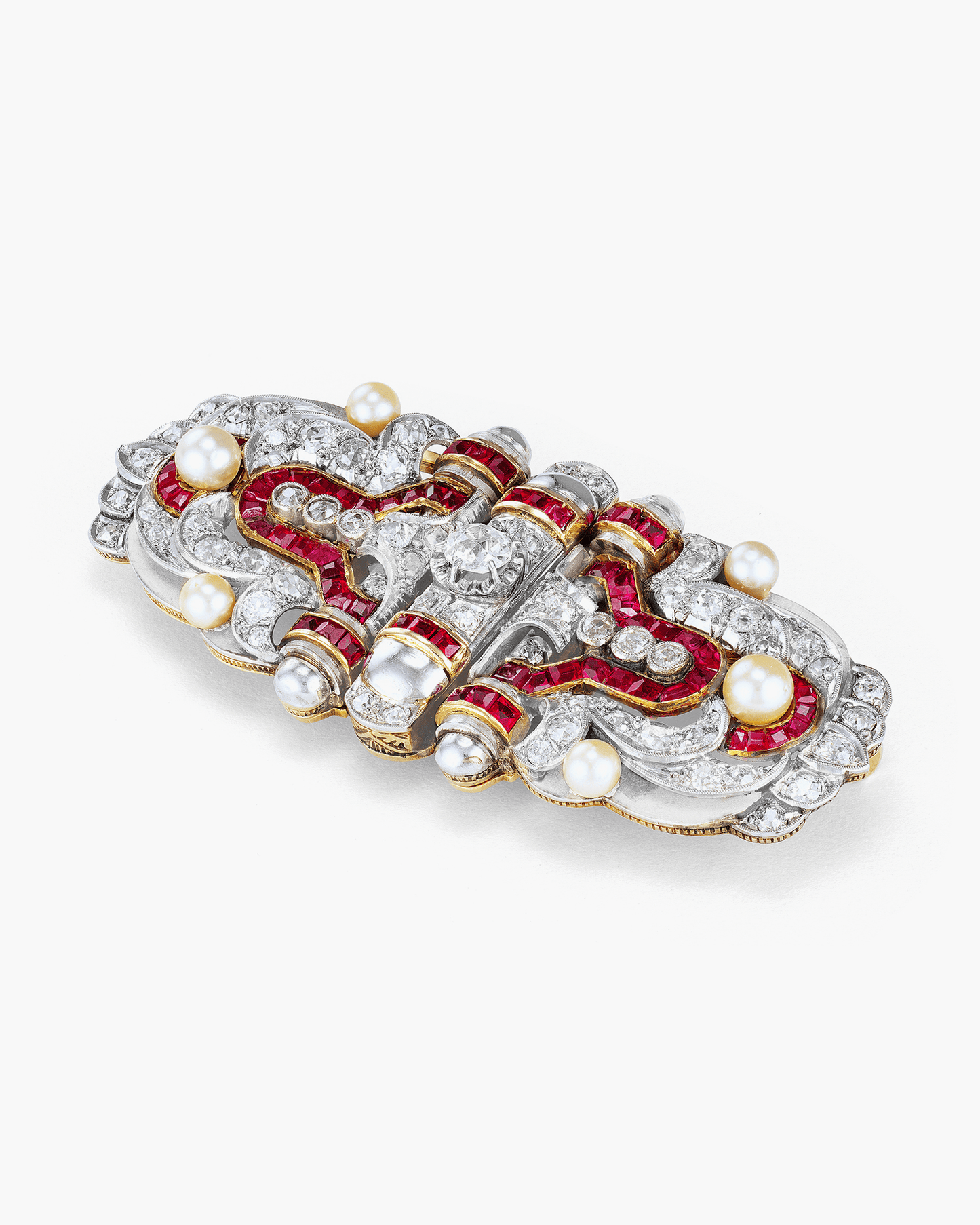 Art Deco Diamond, Pearl and Ruby Double Clip Brooch