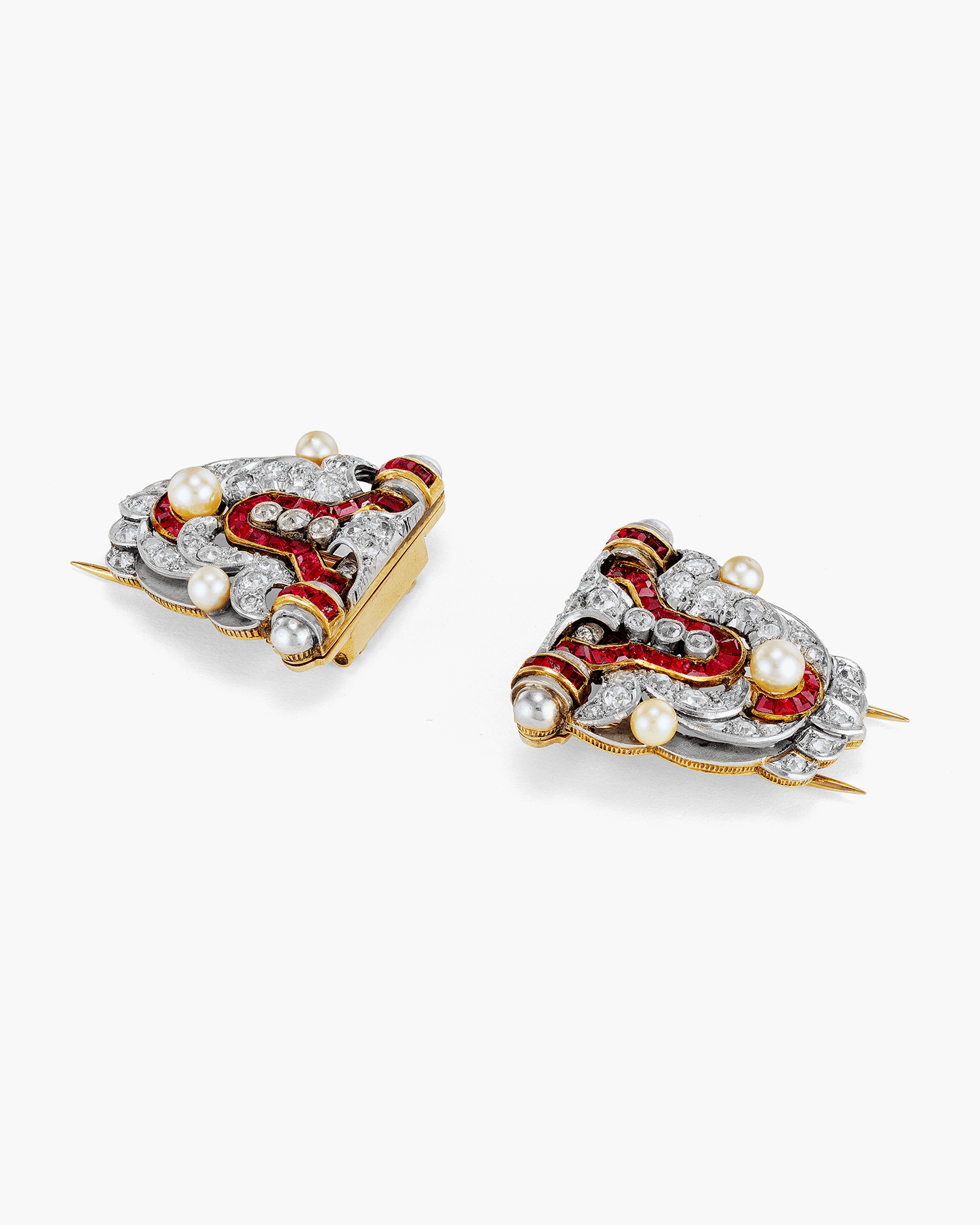 Art Deco Diamond, Pearl and Ruby Double Clip Brooch