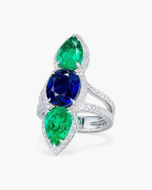 Three-Stone Sapphire, Emerald and Diamond Ring