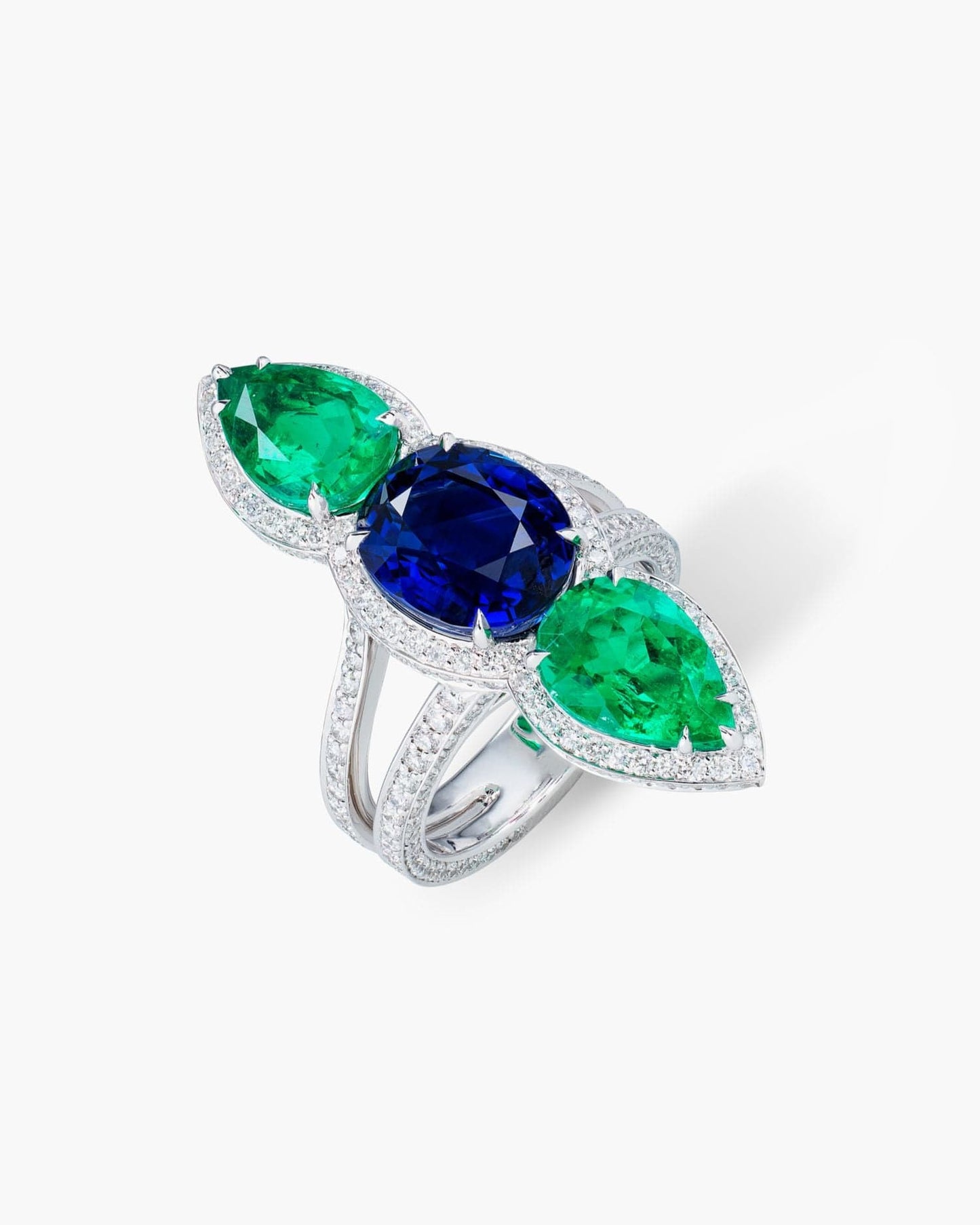 Three-Stone Sapphire, Emerald and Diamond Ring