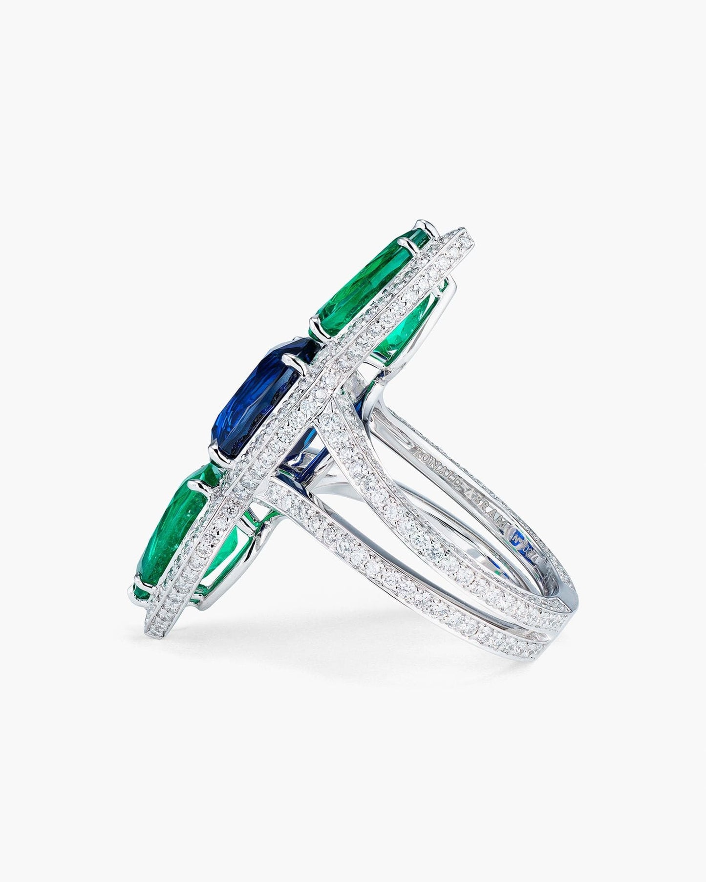 Three-Stone Sapphire, Emerald and Diamond Ring