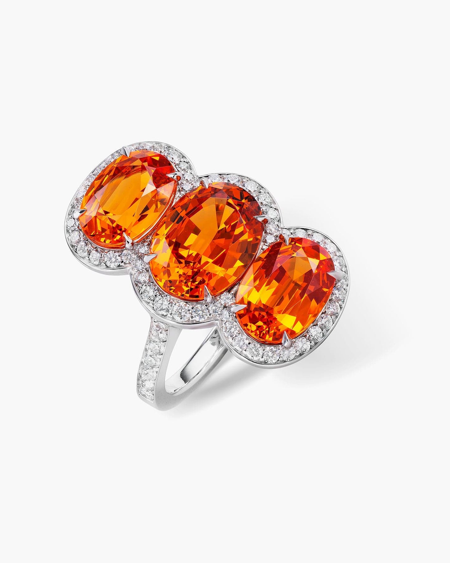 Three-Stone Oval Shape Mandarin Garnet and Diamond Ring