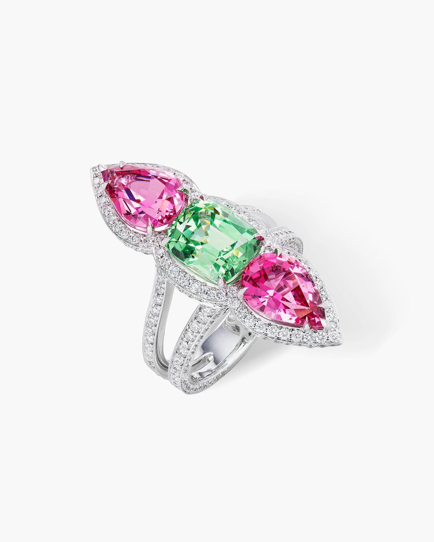 Three-Stone Spinel, Mint Garnet and Diamond Ring