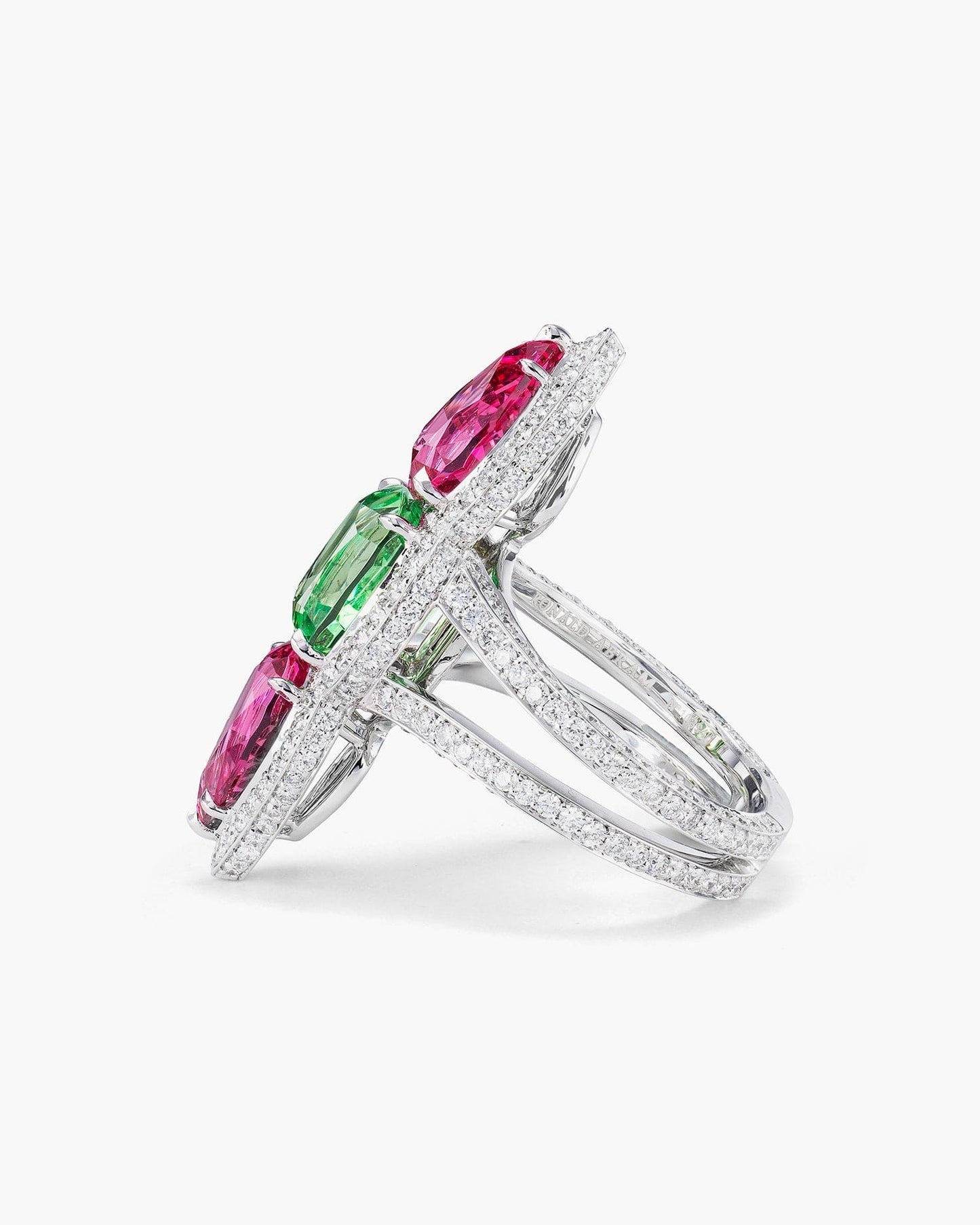 Three-Stone Spinel, Mint Garnet and Diamond Ring
