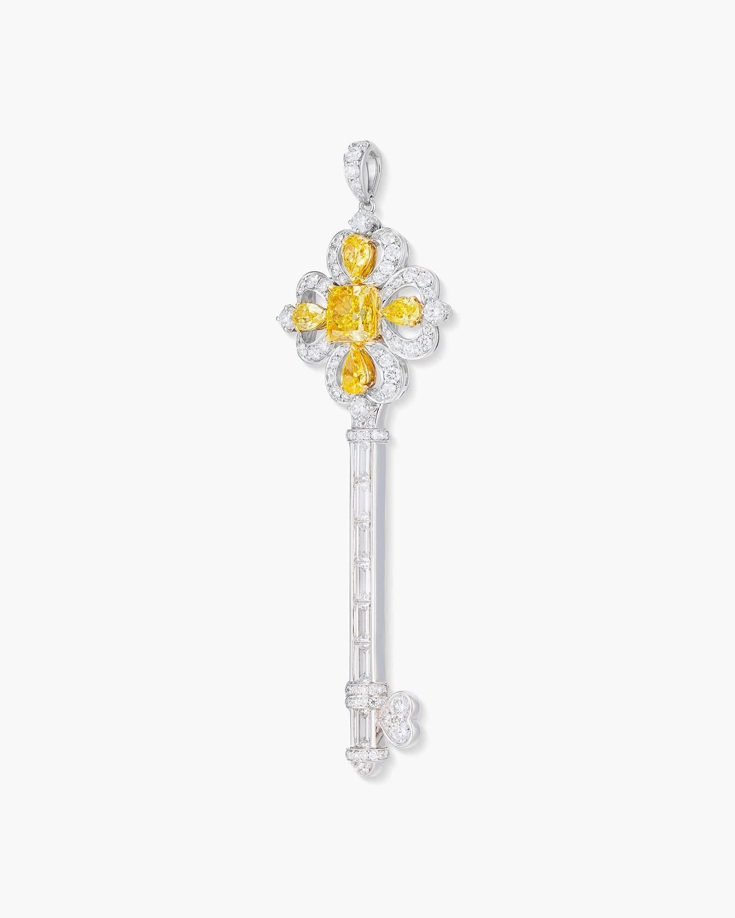 Fancy Shaped Yellow and White Diamond Key Pendant Necklace, 5.15 carats