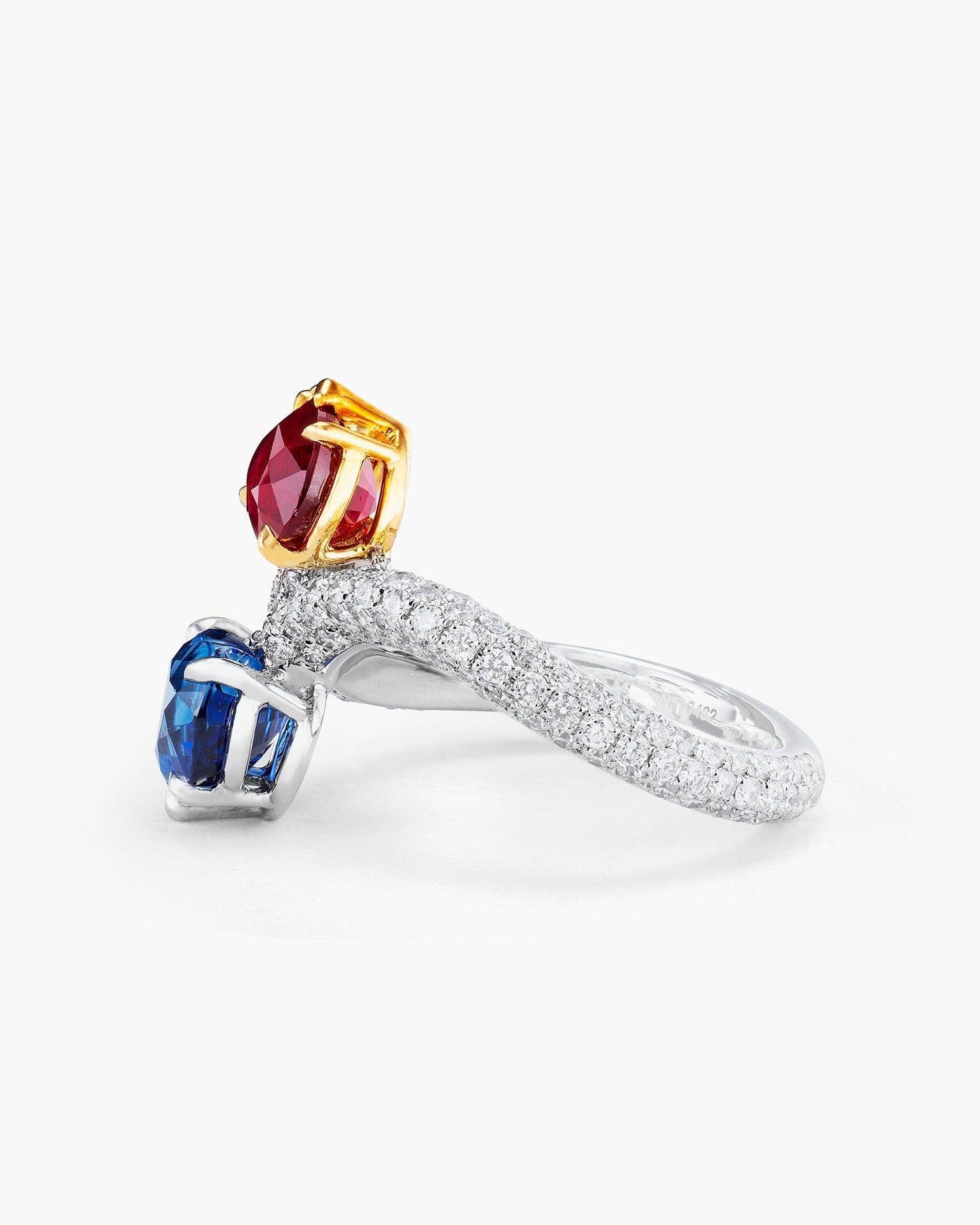 Heart Shape Ceylon Sapphire, Burmese Ruby and Diamond Toi-et-Moi Ring